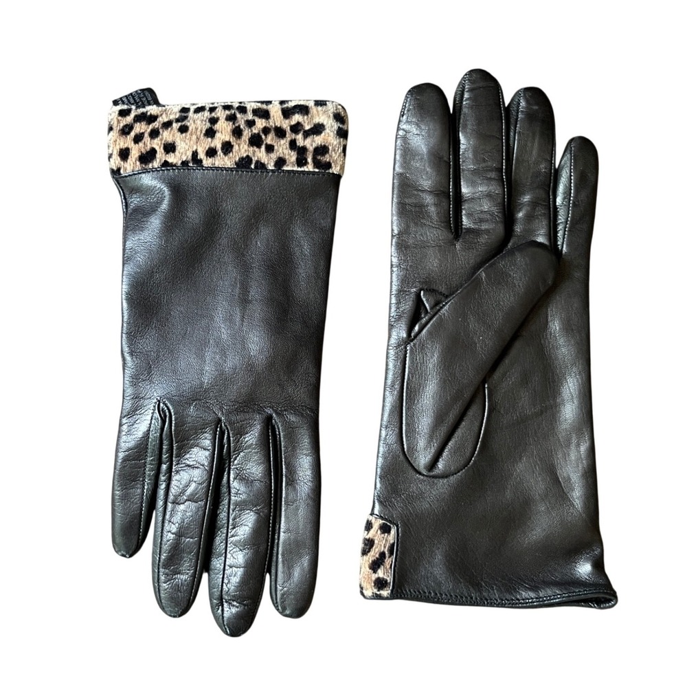 PORTOLANO BLACK LEATHER GLOVES Leopard Print Trim ANGORA/LAMBSWOOL LINER sz 7.5